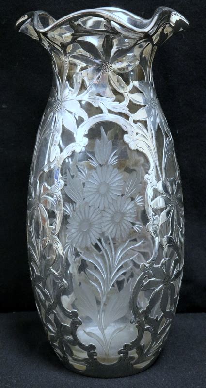Antique Sterling Overlay Etched Glass Vase