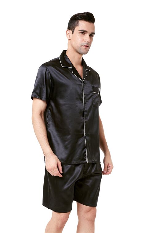 Mens Silk Satin Pajama Set Short Sleeve Black With White Piping Tony