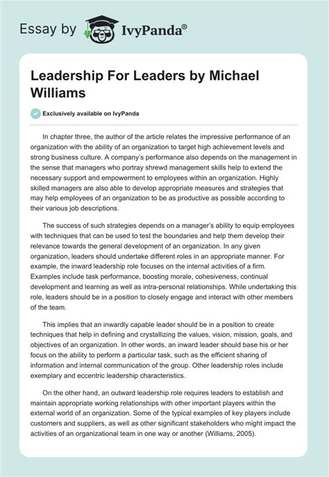 Leadership For Leaders By Michael Williams 590 Words Essay Example