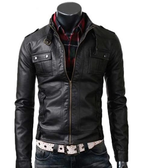 Mens Strap Collar Slim Fit Black Leather Jacket Jackets Creator