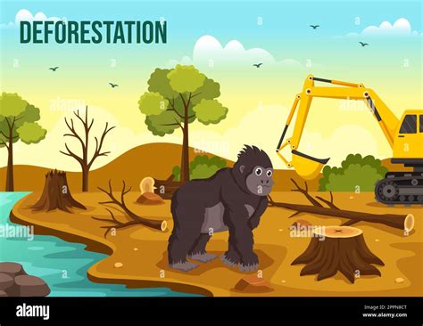 Deforestation Illustration With Tree In The Felled Forest And Burning