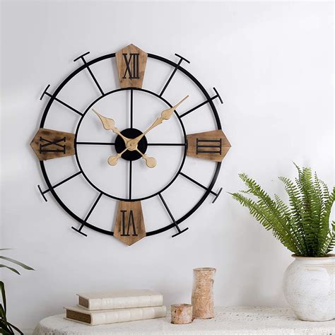 Black Large Decorative Wall Clock， Iron And Wood 22 Inch Noiseless