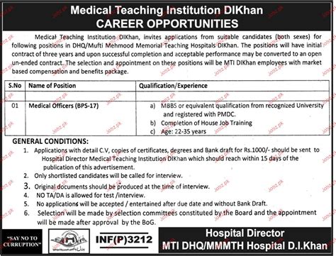 Medical Teaching Institution Mti D I Khan Job Open Job