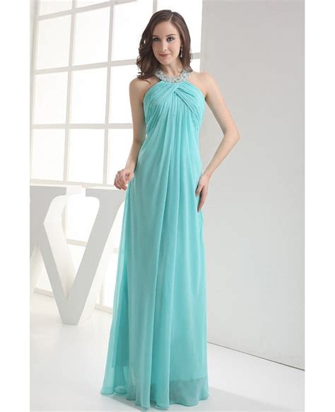 Sequined Long Halter Pool Blue Chiffon Bridal Party Dress Op4006 147