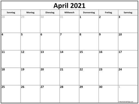 Hier finden sie den kalender 2021 mit nationalen und anderen feiertagen für deutschland. April 2021 kalender auf Deutsch | kalender 2021