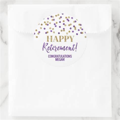 Purple Gold Confetti Happy Retirement Classic Round Sticker Zazzle