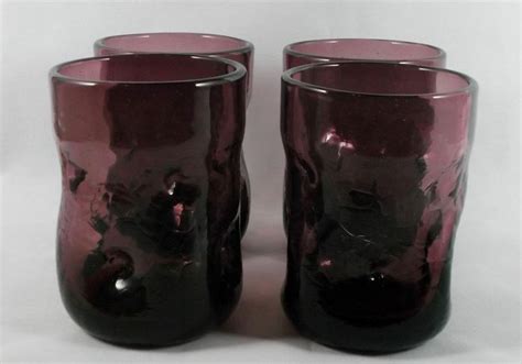 Blenko Set Of Four 4 Pinched Purple Amethyst Hand Blown Crackle Glass Tumblers Blenko Glass