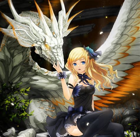 Anime Girl Dress Blonde Beautiful White Dragon Wallpaper