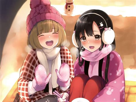 Desktop Wallpaper Winter Cute Anime Girls Friends Hd Image Picture