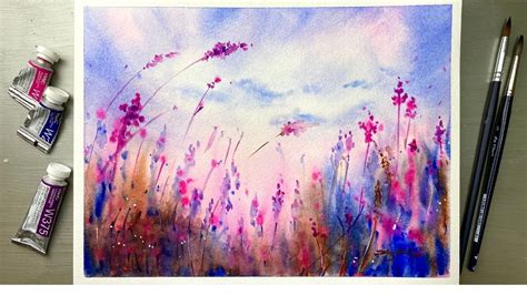 Watercolor Painting Purple Wild Flowers Which I Have Imagined Wet On