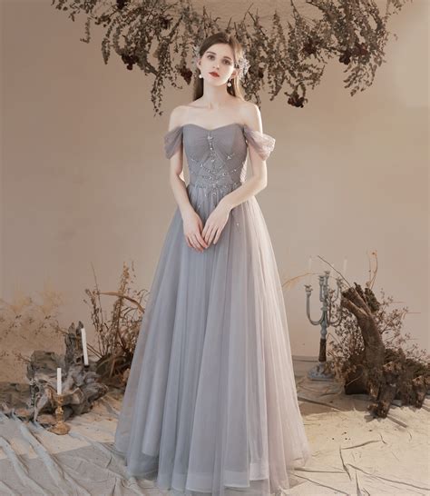 Gray Tulle Beads Long Prom Dress A Line Evening Dress · Little Cute