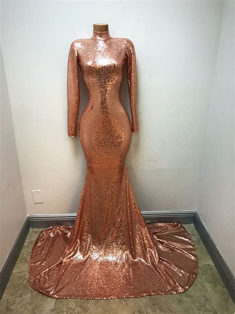 High Neck Rose Gold Sequin Prom Dresses With Long Sleeves Sparkly Prom Gown In Prom Dresses From