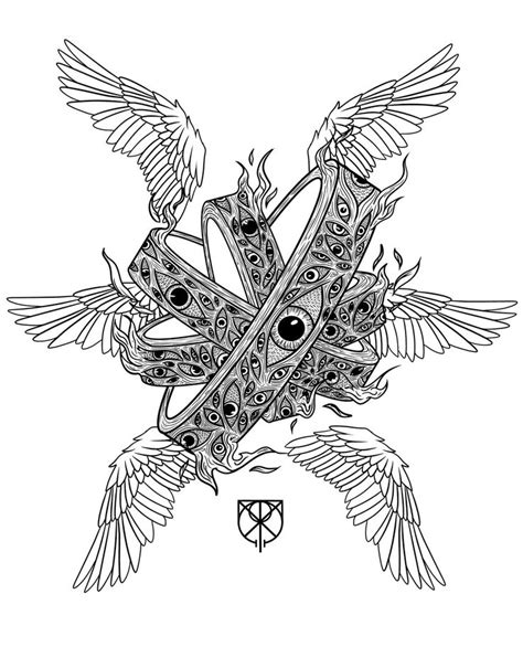 A Drawing Of An Intricate Design With Wings And Two Eyeballs In The