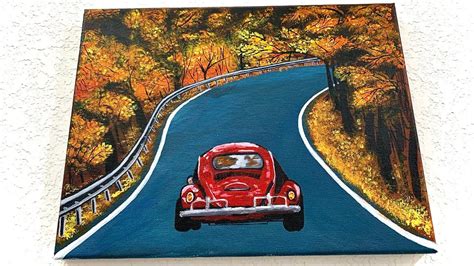 Autumn Roadway Vintage Car On The Road Acrylic Painting Tutorial