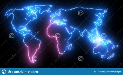 Neon World Map Outline Futuristic Animation Creative Glowing Lights