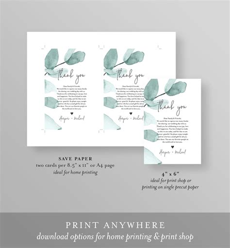 Thank You Letter Greenery Wedding In Lieu Of Favor Card Etsy