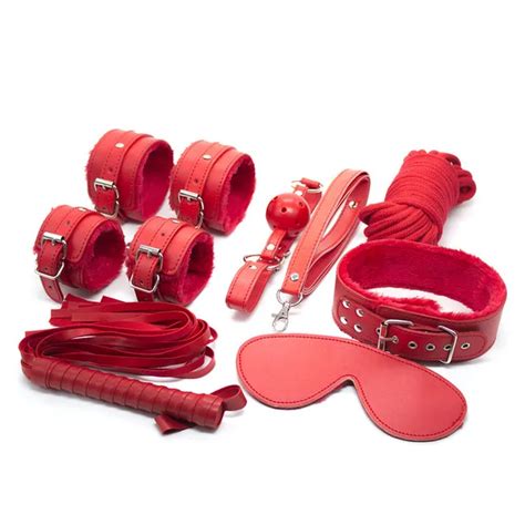 Sex Bondage Toys Pieces Set Pu Leather Whip Hand Cuff Ankle Rope Mouth Gag Blindfold Ankle