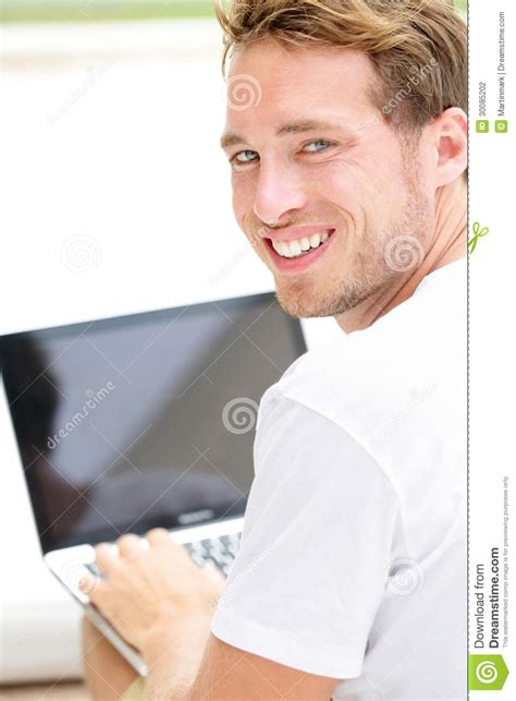 Laptop Man Smiling Happy Using Computer Outside Stock Photo Image Of