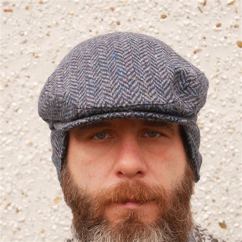 Traditional Irish Tweed Flat Cap With Foldable Ear Flaps Navyblue