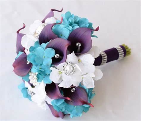 Silk Wedding Brooch Bouquet Off White And Teal Turquoise Hydrangeas