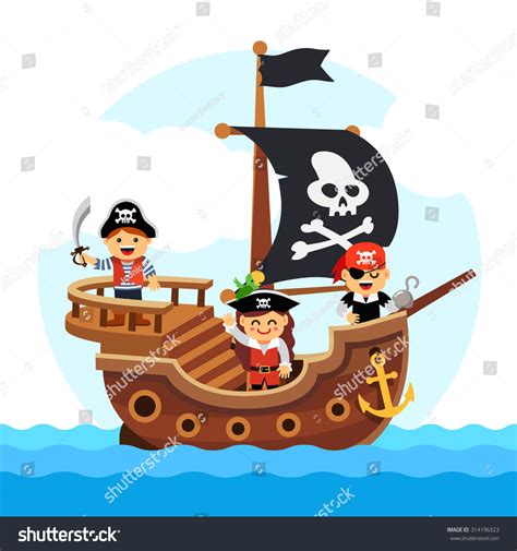 Kids Pirate Ship Sailing Sea Black Stock Vector Royalty Free