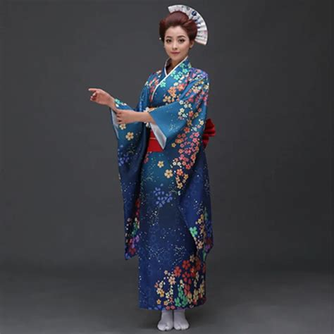 High Quality Fashion Blue Japanese Women Kimono Yukata With Obi Sexy Womens Bar Costume