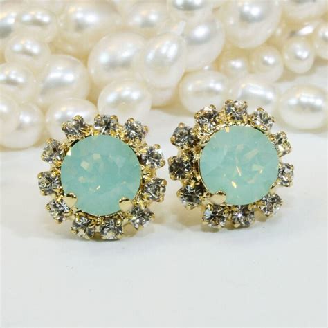 Mint Stud Earrings Gold Mint Green Opal Clear Swarovski Etsy