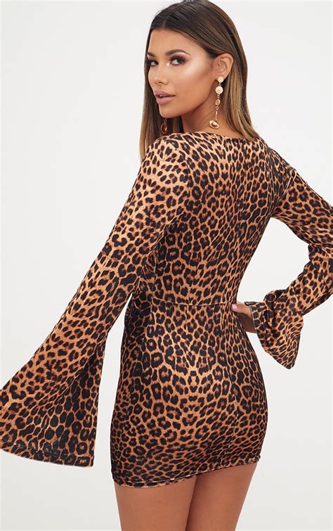Leopard Print Velvet Knot Flared Sleeve Bodycon Dress