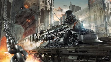 Steampunk Trains Fantastic World Technics Chain Fantasy Hd Wallpaper