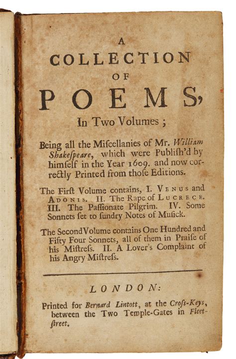 Shakespeare A Collection Of Poems In Two Volumes London 1710