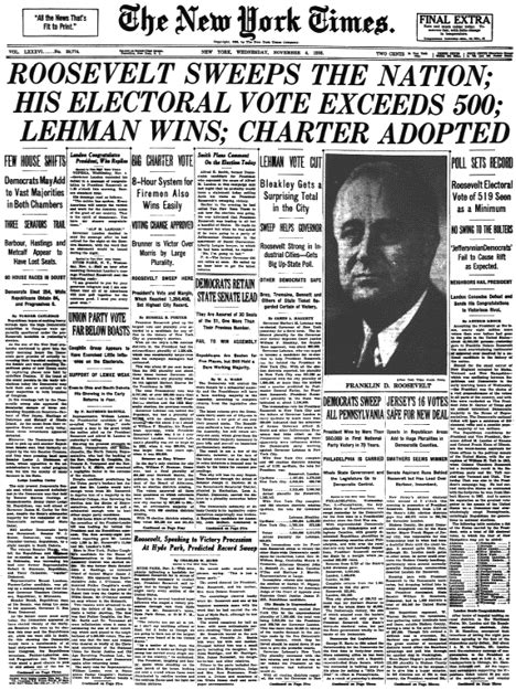 Roosevelt Sweeps The Nation His Electoral Vote Exceeds 500 Lehman