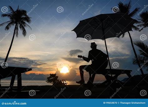 Man Playing Guitar On The Beach With Sunset Stock Photo Image Of