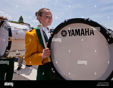 Female Bass Drummer In High School Marching Band Usa Stock Photo Alamy