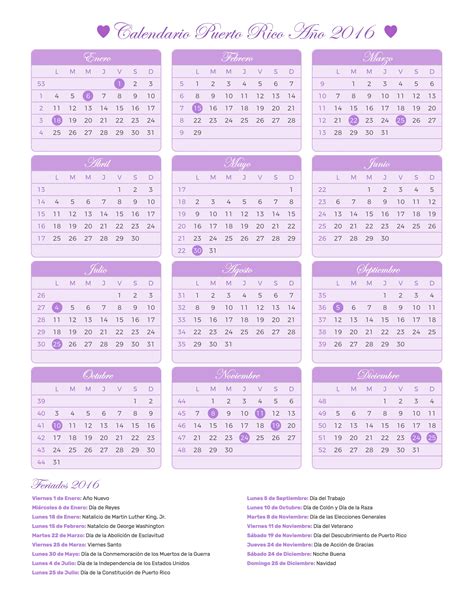 Calendario Puerto Rico Año 2016 Feriados