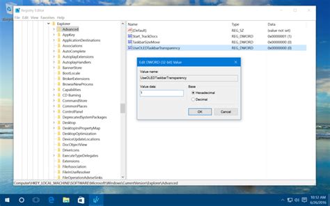 Windows 10 Increase Taskbar Transparency Via The Registry
