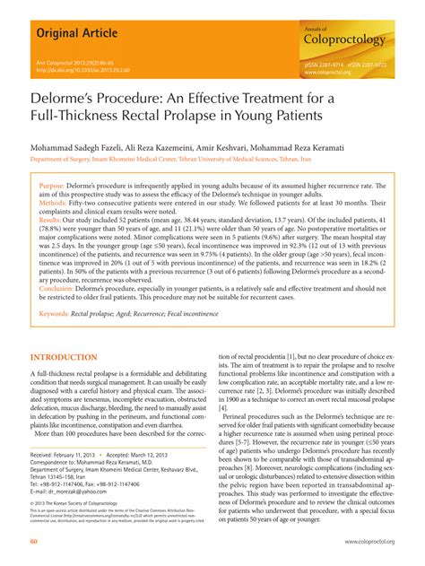 Pdf Delormes Procedure An Effective Treatment For A Full Thickness