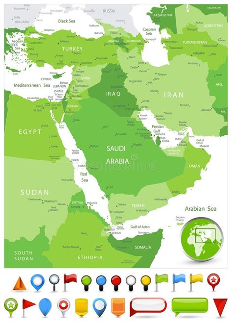 Middle East Map Spot Green Colors And Glossy Icons Stock Vector