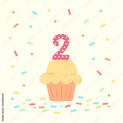 Happy Second Birthday Card With Cupcake And Number Two In Flat Design