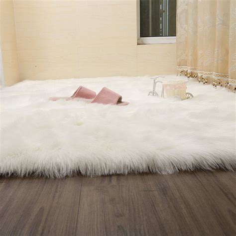 Fabricmcc Faux Sheepskin Area Rug Silky Shag Rug White Fluffy Carpet
