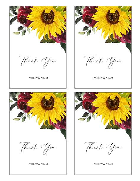Sunflower Thank You Card Template Wedding Printable Thank You Etsy