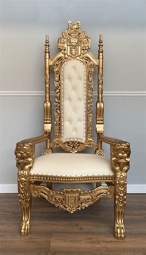 Throne Chair Gold Frame With White Faux Leather Lions Head Island