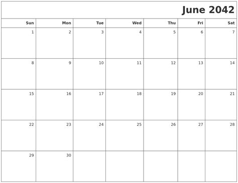 June 2042 Printable Blank Calendar