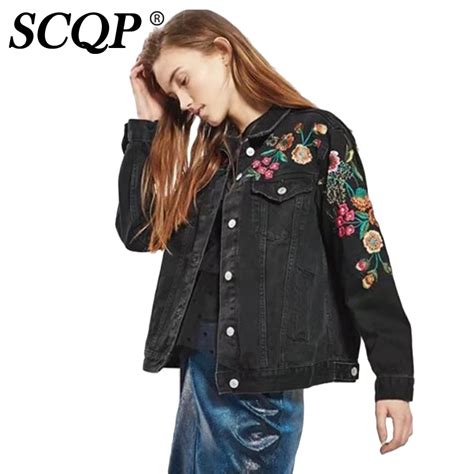 Scqp Embroidery Floral Black Womens Spring Jackets Ladies Long Sleeve