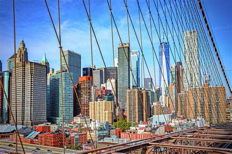 New York City Lower Manhattan Skyline And Brooklyn Bridge Cabling