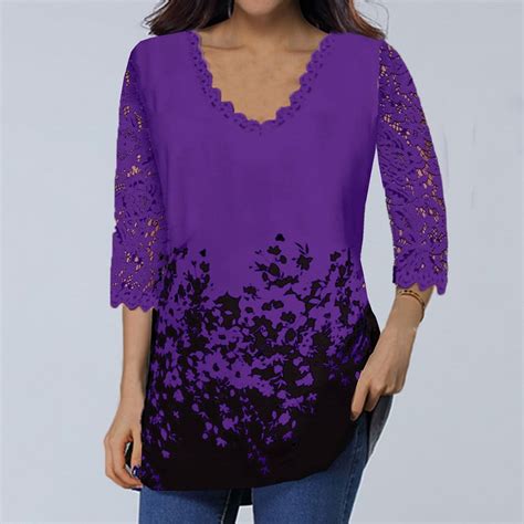 Womens Plus Size 34 Sleeve V Neck Shirt Floral Loose Blouse Lace