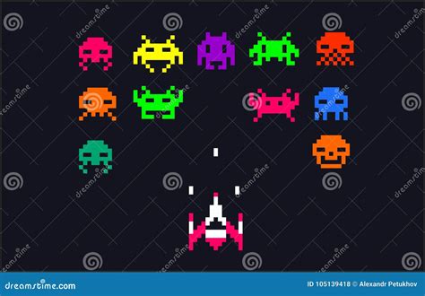 Video Game 8 Bit Space Aliens And Spaceship Pixel Art With Embroidery