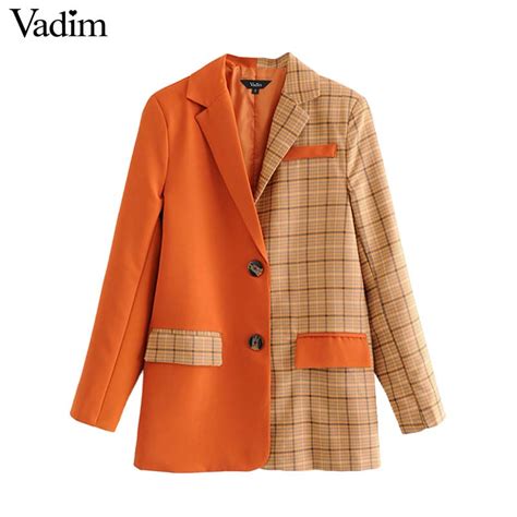 Vadim Women Solid Patchwork Plaid Blazer Long Sleeve Notched Collar