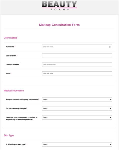 Makeup Consultation Form Online Form Templates Pdfs