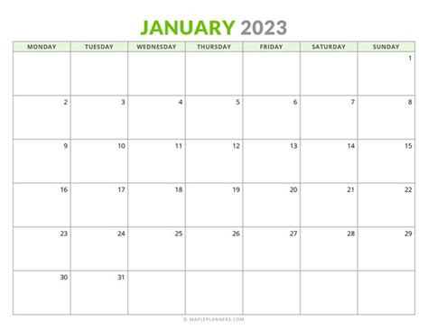 Free Printable January 2023 Monthly Calendar Monday Start