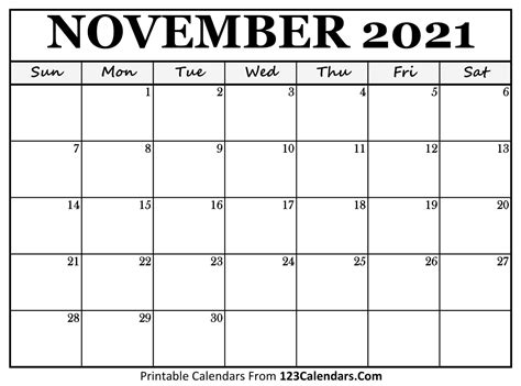 Printable November 2021 Calendar Templates